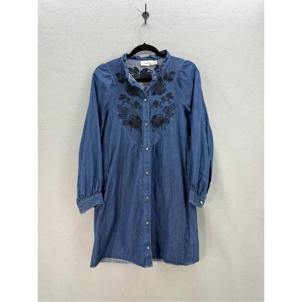 Coach Embroidered Denim Mini Shirt Dress Size 4 Made in Italy
